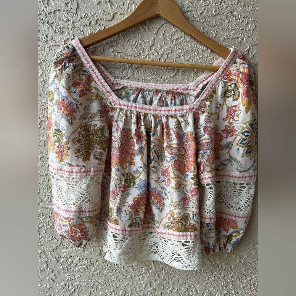 Floral Ruffled Blouse - Green Pink and White